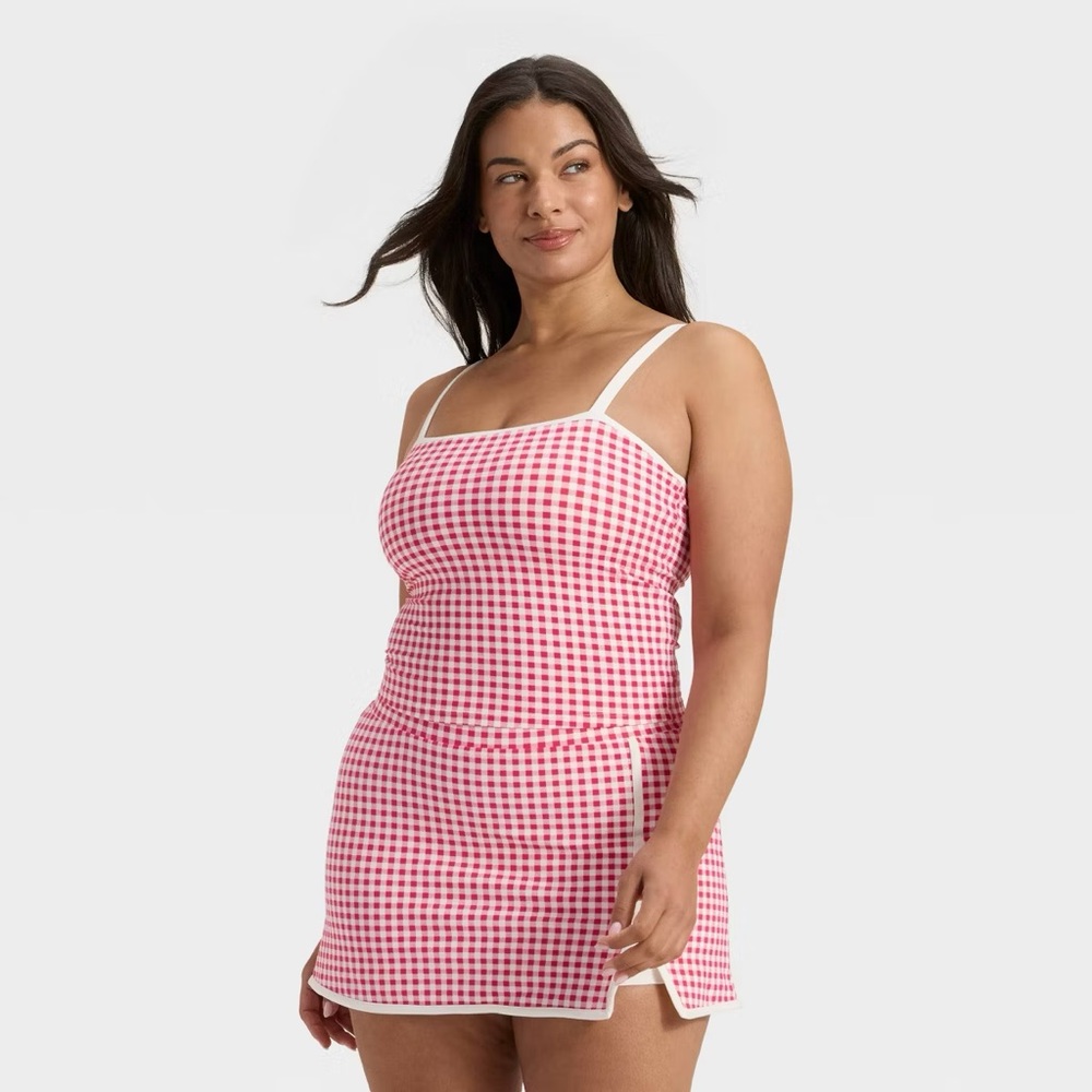 All In Motion Everyday Soft Piped Tank Top & Skort Set Berry Pink Gingham XL